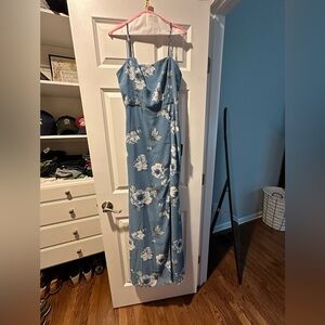 Lulus Feeling Elegant Slate Blue Floral Maxi Dress- size medium